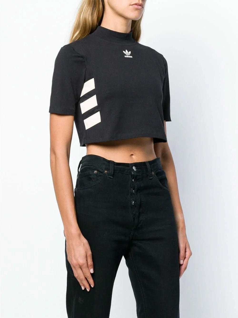 adidas Black Cropped Mock Neck Tee with Cream Side Stripes - Picture 1 of 5
